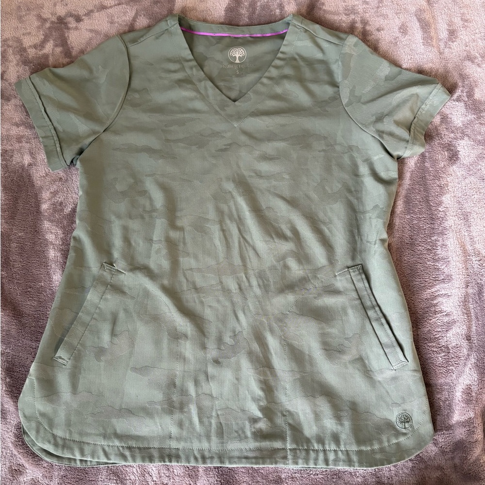 Healing Hands Olive Green Camo Print Two Pocket Scrub Top